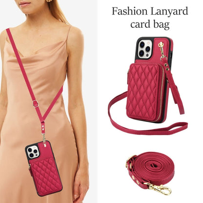 For iPhone 12 Pro Max AwQuer Crossbody Zipper Wallet Rhombic Leather Back Phone Case(Red)