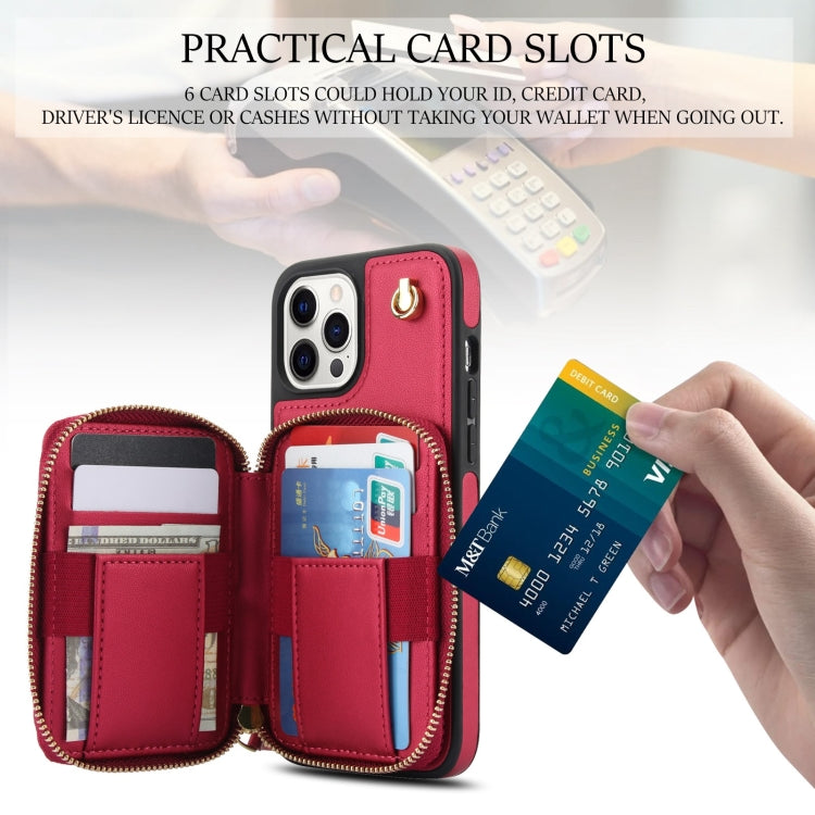 For iPhone 12 Pro Max AwQuer Crossbody Zipper Wallet Rhombic Leather Back Phone Case(Red)