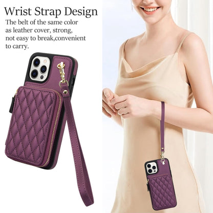 For iPhone 12 Pro Max AwQuer Crossbody Zipper Wallet Rhombic Leather Back Phone Case(Dark Purple)