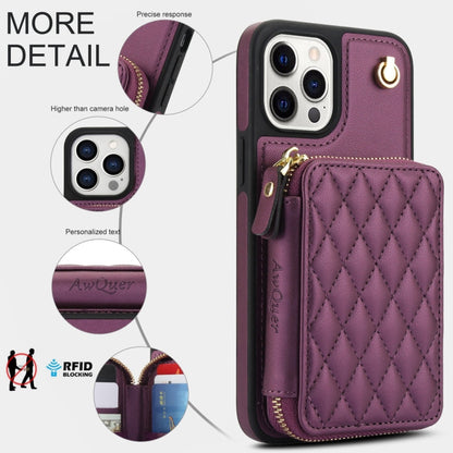 For iPhone 12 Pro Max AwQuer Crossbody Zipper Wallet Rhombic Leather Back Phone Case(Dark Purple)