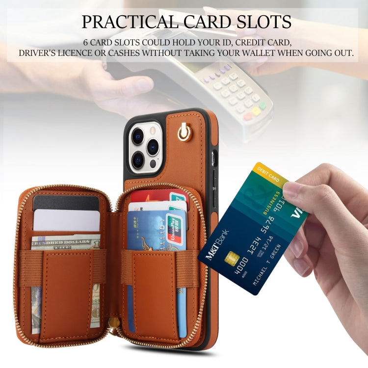 For iPhone 12 Pro Max AwQuer Crossbody Zipper Wallet Rhombic Leather Back Phone Case(Brown)