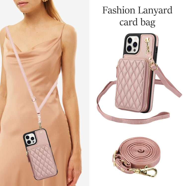 For iPhone 11 Pro Max AwQuer Crossbody Zipper Wallet Rhombic Leather Back Phone Case(Rose Gold)