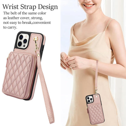 For iPhone 11 Pro Max AwQuer Crossbody Zipper Wallet Rhombic Leather Back Phone Case(Rose Gold)