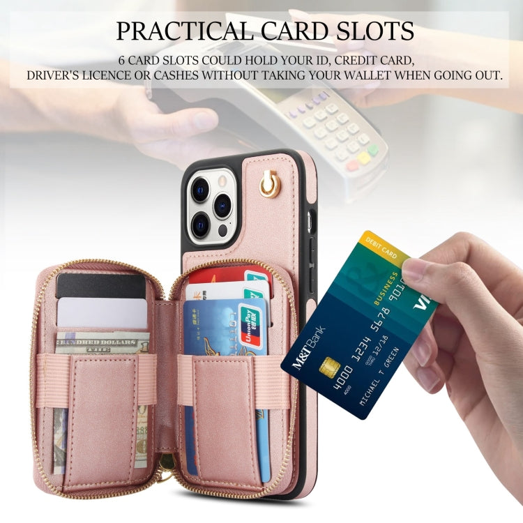 For iPhone 11 Pro Max AwQuer Crossbody Zipper Wallet Rhombic Leather Back Phone Case(Rose Gold)