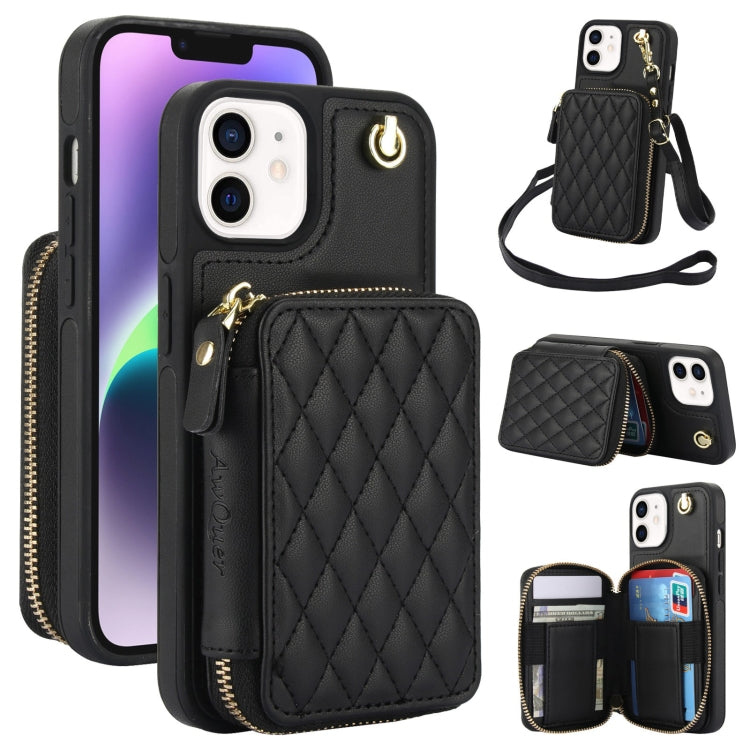 For iPhone 11 AwQuer Crossbody Zipper Wallet Rhombic Leather Back Phone Case(Black)
