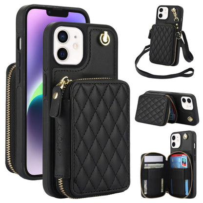 For iPhone 11 AwQuer Crossbody Zipper Wallet Rhombic Leather Back Phone Case(Black)