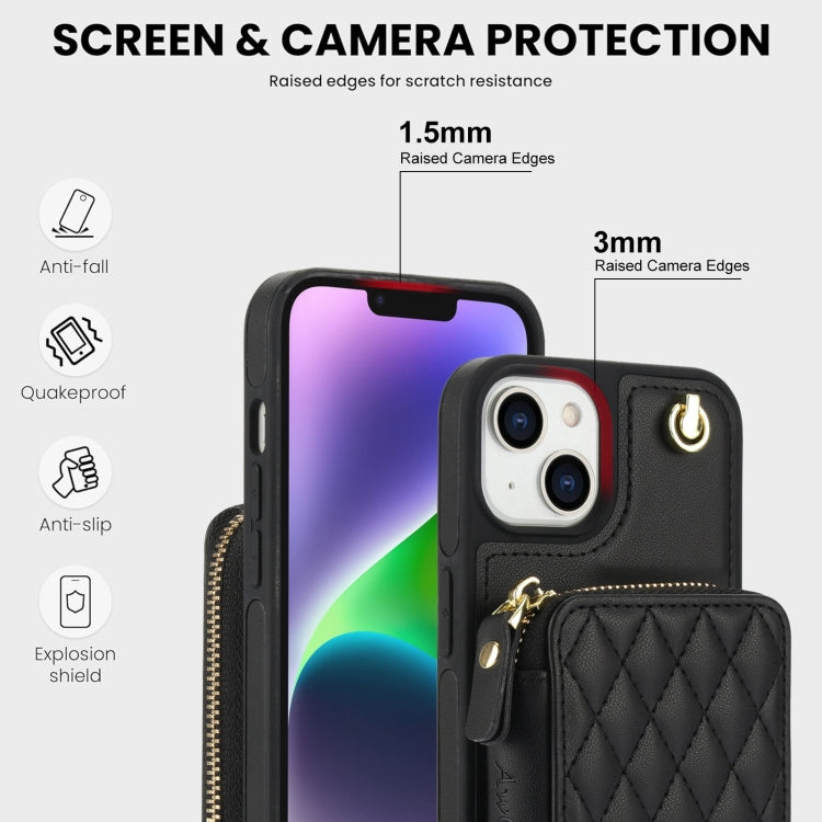 For iPhone 11 AwQuer Crossbody Zipper Wallet Rhombic Leather Back Phone Case(Black)