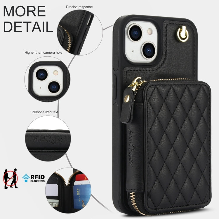 For iPhone 11 AwQuer Crossbody Zipper Wallet Rhombic Leather Back Phone Case(Black)