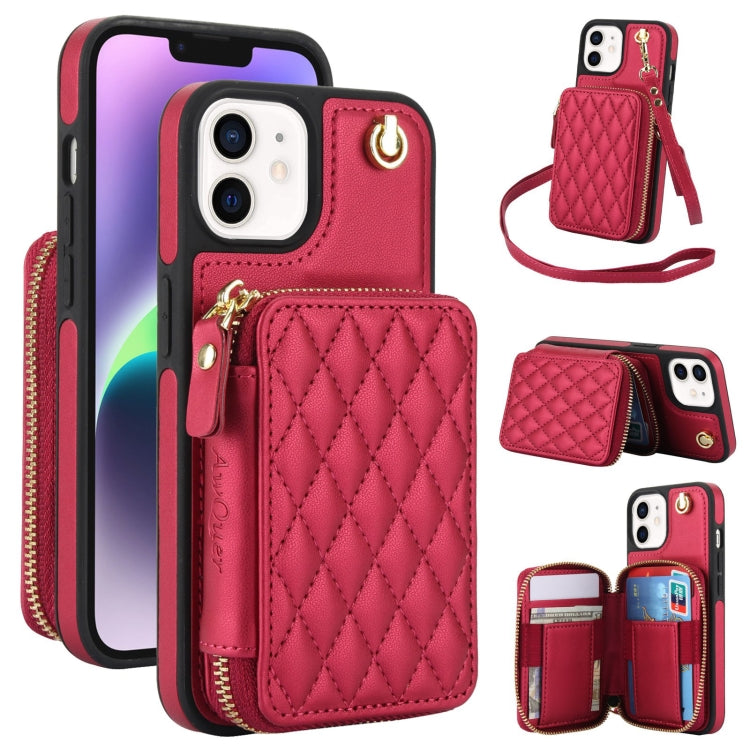 For iPhone 11 AwQuer Crossbody Zipper Wallet Rhombic Leather Back Phone Case(Red)