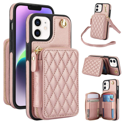 For iPhone 11 AwQuer Crossbody Zipper Wallet Rhombic Leather Back Phone Case(Rose Gold)