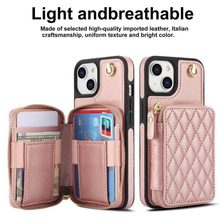For iPhone 11 AwQuer Crossbody Zipper Wallet Rhombic Leather Back Phone Case(Rose Gold)