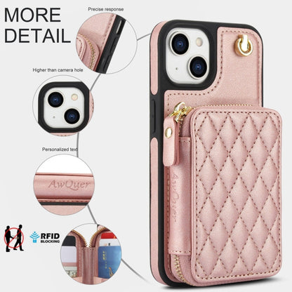 For iPhone 11 AwQuer Crossbody Zipper Wallet Rhombic Leather Back Phone Case(Rose Gold)