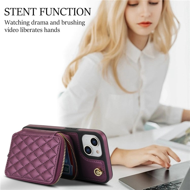 For iPhone 11 AwQuer Crossbody Zipper Wallet Rhombic Leather Back Phone Case(Dark Purple)