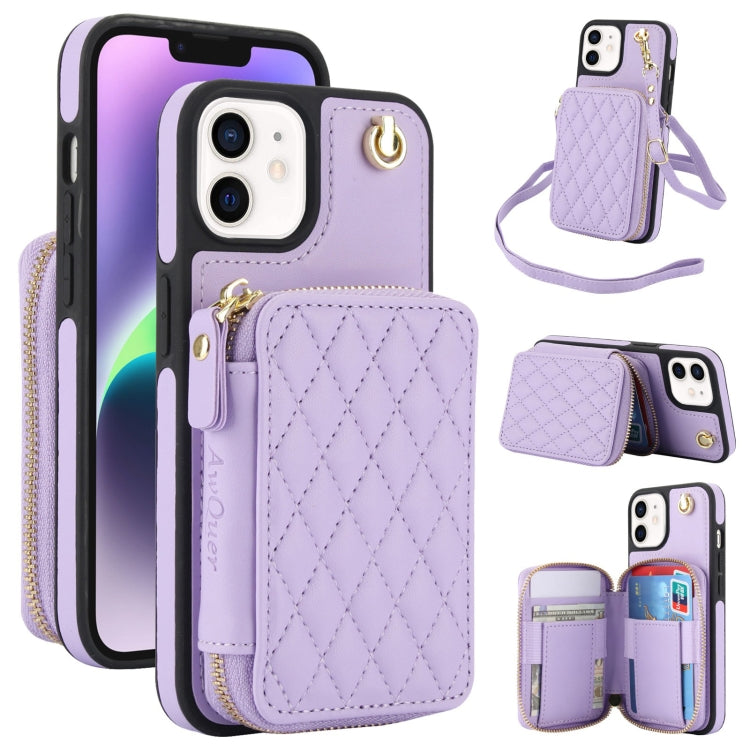 For iPhone 11 AwQuer Crossbody Zipper Wallet Rhombic Leather Back Phone Case(Purple)