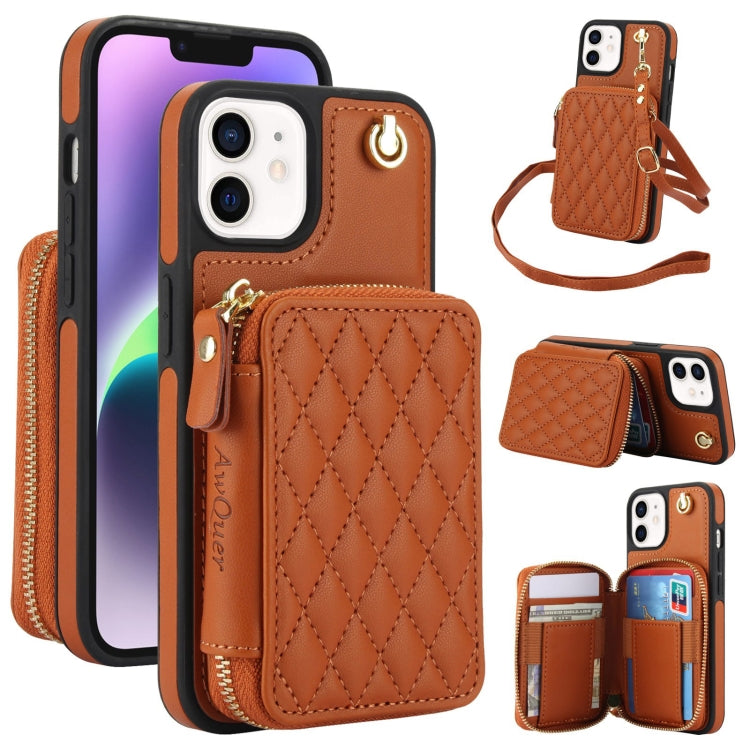 For iPhone 11 AwQuer Crossbody Zipper Wallet Rhombic Leather Back Phone Case(Brown)