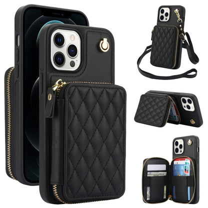 For iPhone 11 Pro AwQuer Crossbody Zipper Wallet Rhombic Leather Back Phone Case(Black)