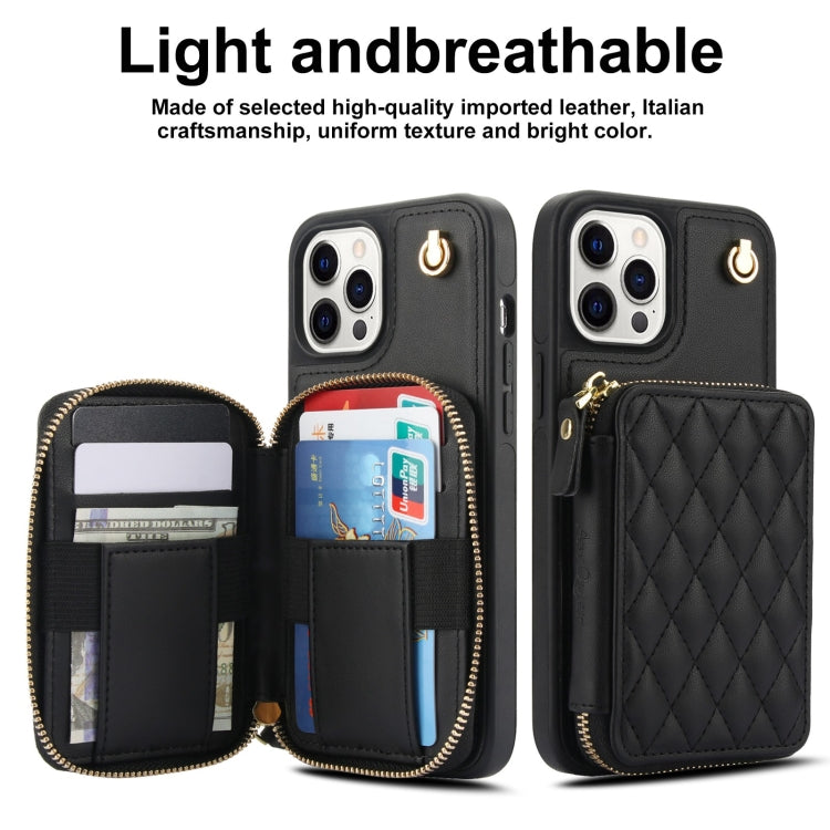 For iPhone 11 Pro AwQuer Crossbody Zipper Wallet Rhombic Leather Back Phone Case(Black)
