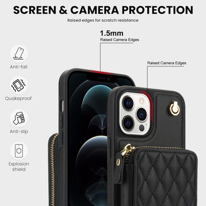 For iPhone 11 Pro AwQuer Crossbody Zipper Wallet Rhombic Leather Back Phone Case(Black)