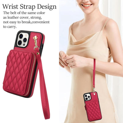 For iPhone 11 Pro AwQuer Crossbody Zipper Wallet Rhombic Leather Back Phone Case(Red)