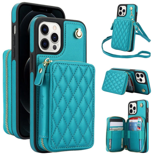 For iPhone 11 Pro AwQuer Crossbody Zipper Wallet Rhombic Leather Back Phone Case(Green)