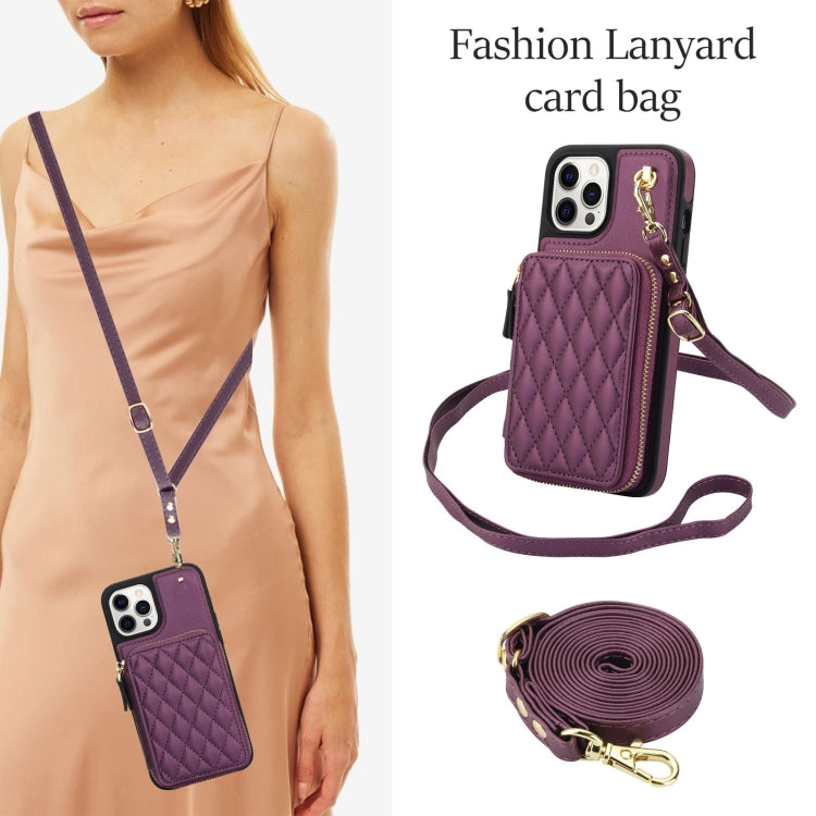 For iPhone 11 Pro AwQuer Crossbody Zipper Wallet Rhombic Leather Back Phone Case(Dark Purple)