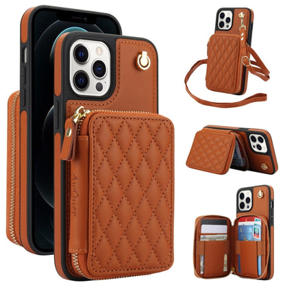 For iPhone 11 Pro AwQuer Crossbody Zipper Wallet Rhombic Leather Back Phone Case(Brown)