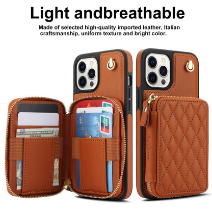 For iPhone 11 Pro AwQuer Crossbody Zipper Wallet Rhombic Leather Back Phone Case(Brown)