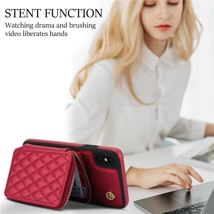 For iPhone X / XS AwQuer Crossbody Zipper Wallet Rhombic Leather Back Phone Case(Red)