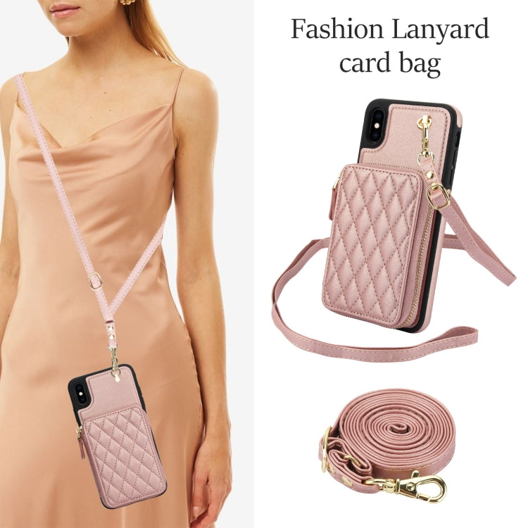For iPhone X / XS AwQuer Crossbody Zipper Wallet Rhombic Leather Back Phone Case(Rose Gold)
