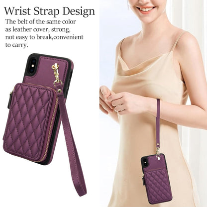 For iPhone X / XS AwQuer Crossbody Zipper Wallet Rhombic Leather Back Phone Case(Dark Purple)