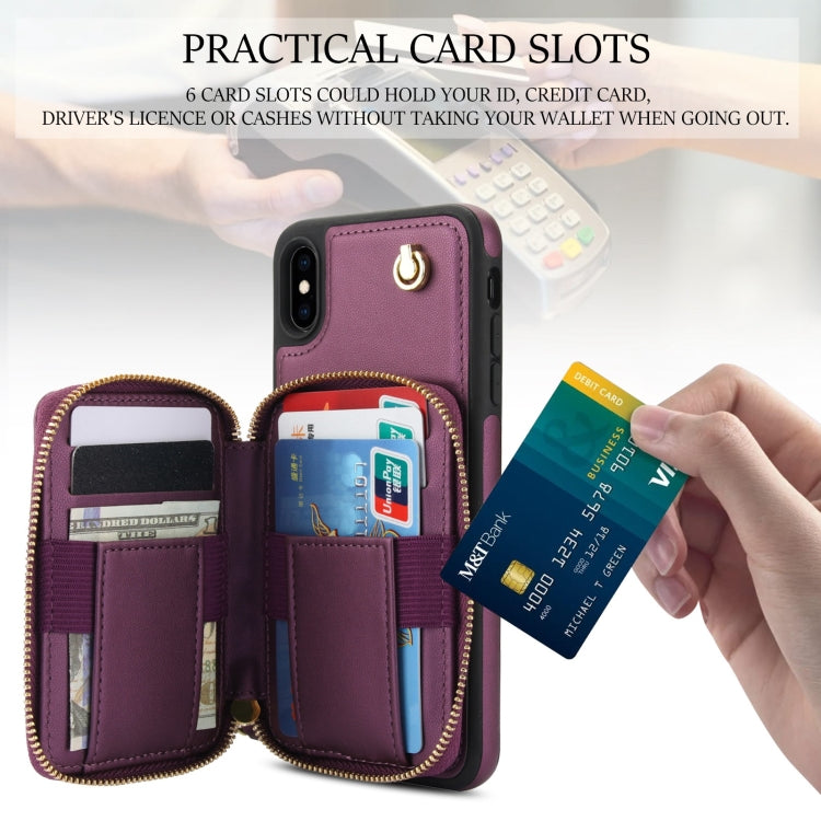 For iPhone X / XS AwQuer Crossbody Zipper Wallet Rhombic Leather Back Phone Case(Dark Purple)