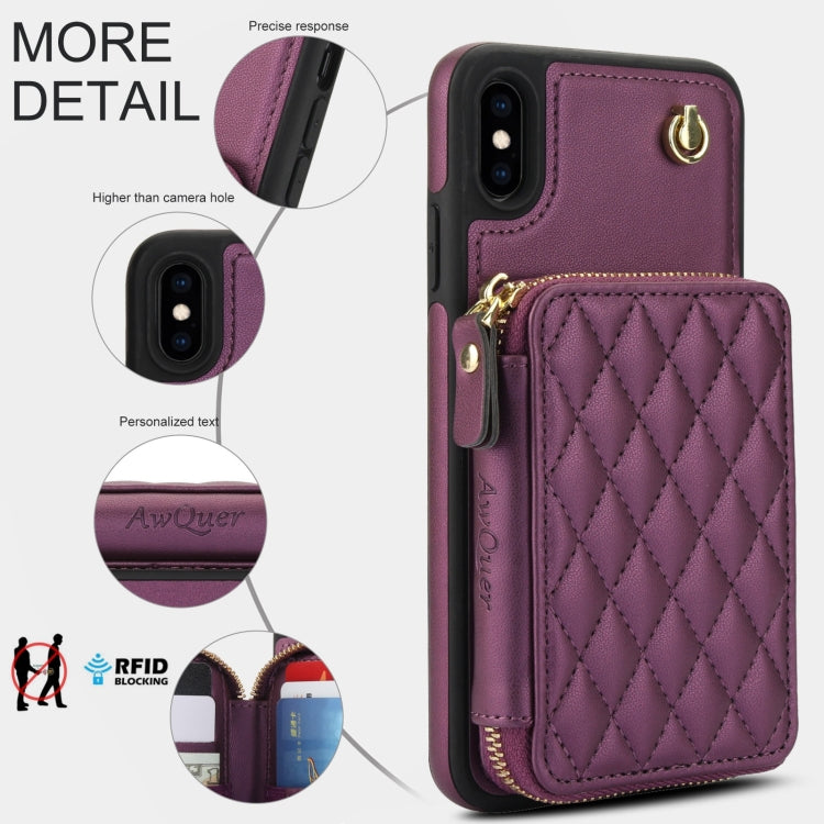 For iPhone X / XS AwQuer Crossbody Zipper Wallet Rhombic Leather Back Phone Case(Dark Purple)