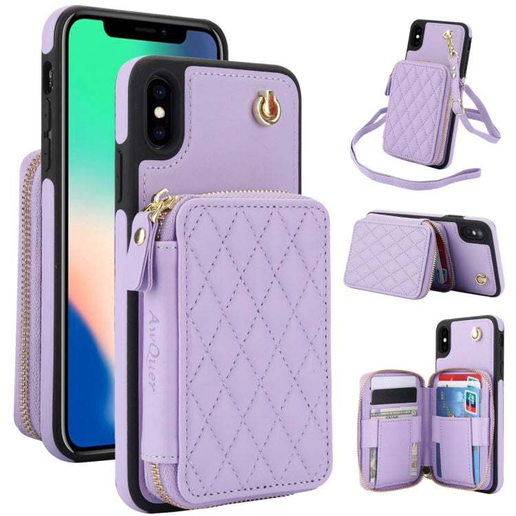 Pour iPhone X / XS AwQuer Housse de téléphone arrière en cuir losangé avec portefeuille à fermeture éclair et bandoulière (violet)