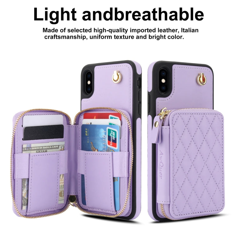 Pour iPhone X / XS AwQuer Housse de téléphone arrière en cuir losangé avec portefeuille à fermeture éclair et bandoulière (violet)