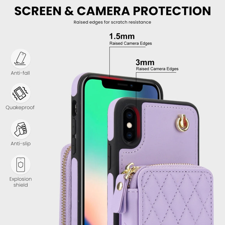 Pour iPhone X / XS AwQuer Housse de téléphone arrière en cuir losangé avec portefeuille à fermeture éclair et bandoulière (violet)