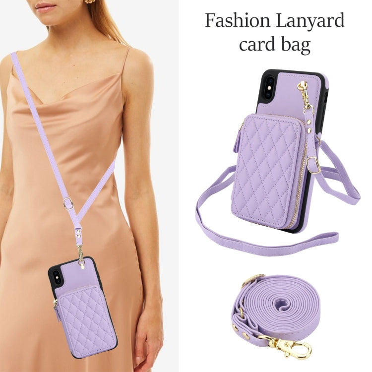 Pour iPhone X / XS AwQuer Housse de téléphone arrière en cuir losangé avec portefeuille à fermeture éclair et bandoulière (violet)