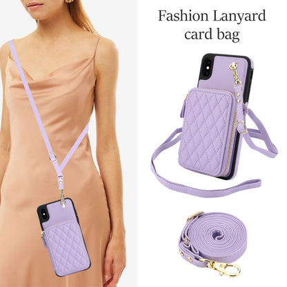 Pour iPhone X / XS AwQuer Housse de téléphone arrière en cuir losangé avec portefeuille à fermeture éclair et bandoulière (violet)