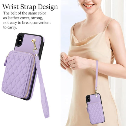 Pour iPhone X / XS AwQuer Housse de téléphone arrière en cuir losangé avec portefeuille à fermeture éclair et bandoulière (violet)