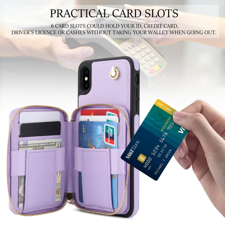 Pour iPhone X / XS AwQuer Housse de téléphone arrière en cuir losangé avec portefeuille à fermeture éclair et bandoulière (violet)
