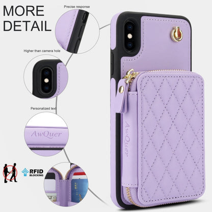 Pour iPhone X / XS AwQuer Housse de téléphone arrière en cuir losangé avec portefeuille à fermeture éclair et bandoulière (violet)