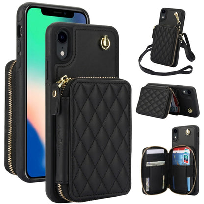 For iPhone XR AwQuer Crossbody Zipper Wallet Rhombic Leather Back Phone Case(Black)