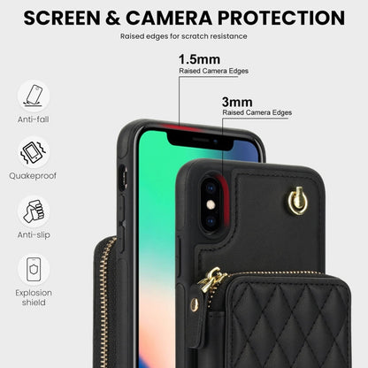 For iPhone XR AwQuer Crossbody Zipper Wallet Rhombic Leather Back Phone Case(Black)