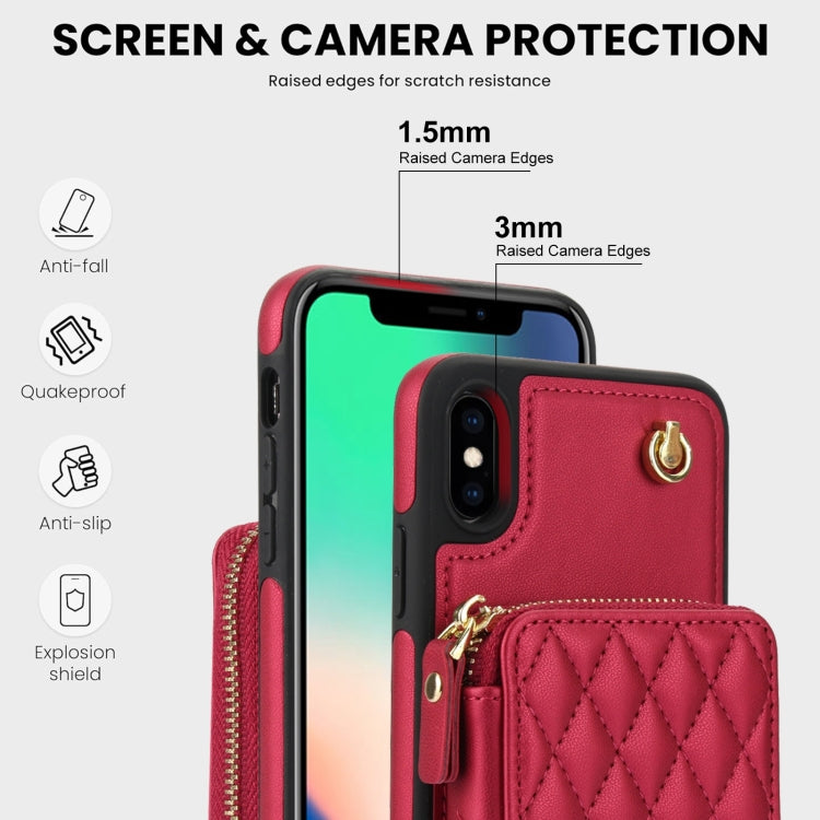 For iPhone XR AwQuer Crossbody Zipper Wallet Rhombic Leather Back Phone Case(Red)