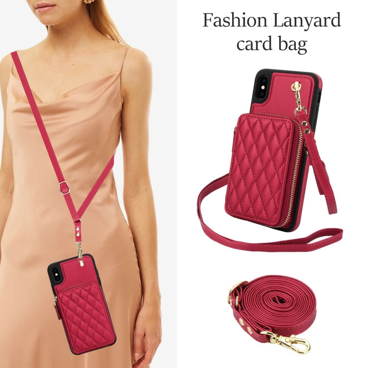 For iPhone XR AwQuer Crossbody Zipper Wallet Rhombic Leather Back Phone Case(Red)