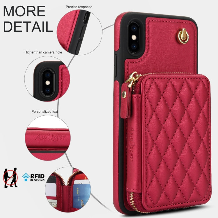 For iPhone XR AwQuer Crossbody Zipper Wallet Rhombic Leather Back Phone Case(Red)
