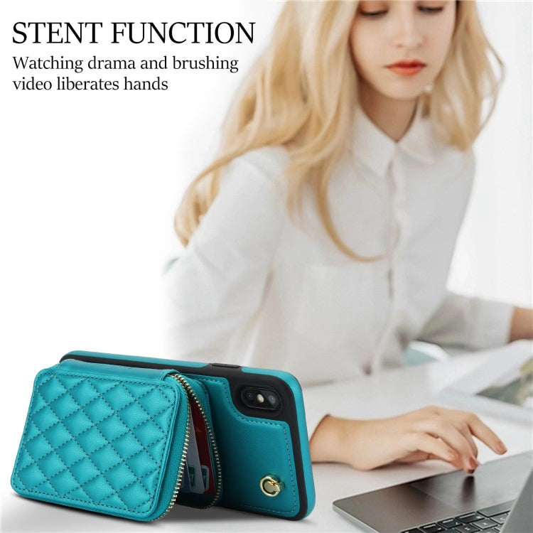 For iPhone XR AwQuer Crossbody Zipper Wallet Rhombic Leather Back Phone Case(Green)