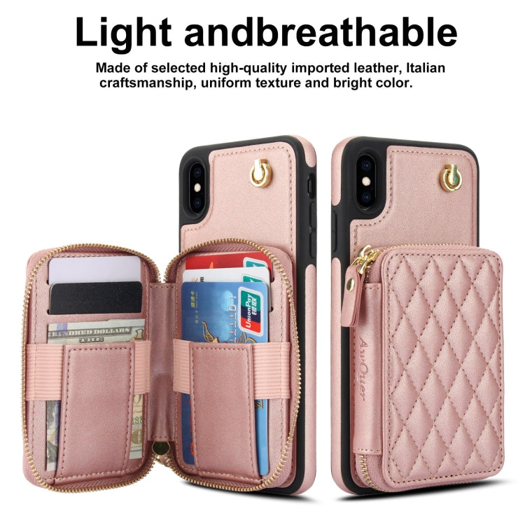 For iPhone XR AwQuer Crossbody Zipper Wallet Rhombic Leather Back Phone Case(Rose Gold)