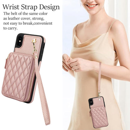 For iPhone XR AwQuer Crossbody Zipper Wallet Rhombic Leather Back Phone Case(Rose Gold)
