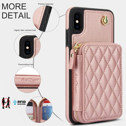 For iPhone XR AwQuer Crossbody Zipper Wallet Rhombic Leather Back Phone Case(Rose Gold)