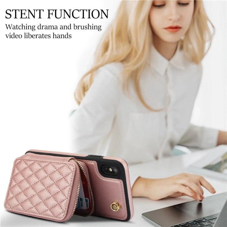 For iPhone XR AwQuer Crossbody Zipper Wallet Rhombic Leather Back Phone Case(Rose Gold)